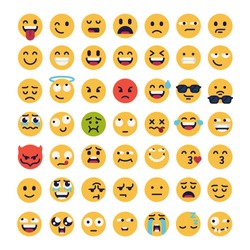 Large set of vector smileys, emoticons and emojis in minimalistic flat design. Funny and silly abstract facial expression icons collection