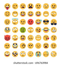 Large set of vector smileys, emoticons and emojis in minimalistic flat design. Funny and silly abstract facial expression icons collection