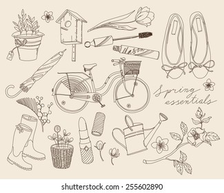 Large set of vector spring season girly cute items with ballet flats,retro bicycle, umbrella, make up and garden items, watering can, blossom branch and more. Ideal for cards and printables design