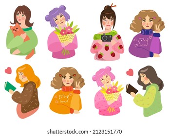 a large set of vector sticker doodle art girls, teenagers. flat illustration