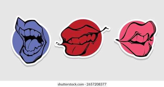 Grande conjunto de adesivos vetoriais isolados sobre fundo branco. Lábios estilizados desenhados com linhas escuras em fundos multicoloridos redondos. Adequado para impressão.

