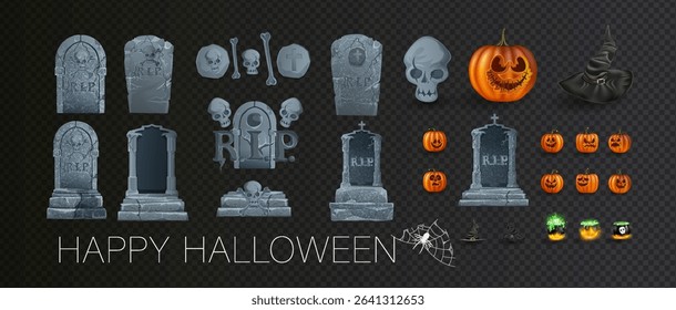 A large set of vector tombstones for Halloween, a creepy tombstone cross, a creepy grave in a cemetery, a pet zombie crow.