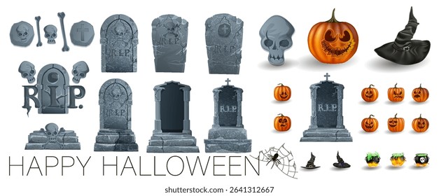 A large set of vector tombstones for Halloween, a creepy tombstone cross, a creepy grave in a cemetery, a pet zombie crow.