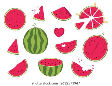 Grande conjunto de melancias vetoriais, fatias variadas, fatias, melancia inteira, metade em estilo simples e plano. Design para cartaz, banner, cartaz, cartão postal, adesivo.