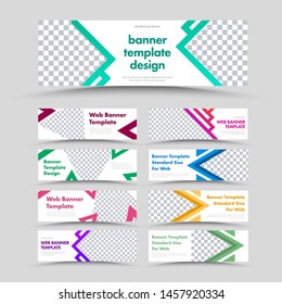 Large set of vector white horizontal web banners with arrows, triangles and place for photo. Standard size for advertising.