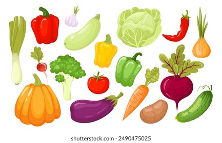 A large set of vegetables in a colorful cartoon style, isolated on a white background. Collectible farm produce for restaurant menu, market label. Organic products from the farm