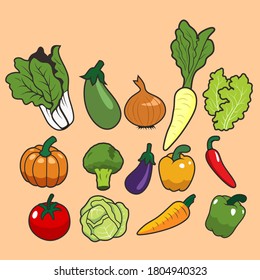 Un gran surtido de verduras. Tomates frescos, pimientos, calabazas, paprika, calabaza, calabaza, zanahorias, pimientos, guisantes, col, brócoli. Alimentos vectoriales orgánicos venezolanos de estilo plano. Cultivar productos saludables.