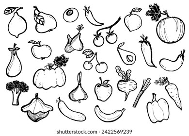 Large set of vegetables and fruits, graphics, doodles. In the style of linocut, print, ink. Vector