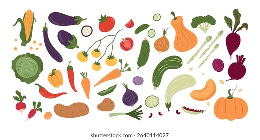 A large set of vegetables on a white background, hand-painted. Fashionable abstract minimalism style. Natural vegetables. The concept of proper nutrition Vector illustration.