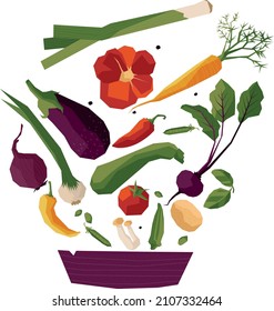 Eine große Auswahl an Gemüse wie Tomaten, Gurken, Augpflanze, Karotten, Erbsen, Kartoffeln, die auf einer Salatplatte fliegen
