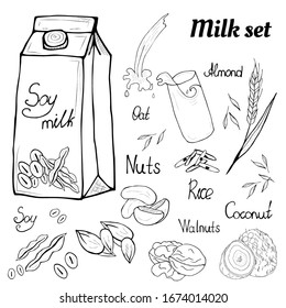Un gran conjunto de leche vegetariana, elementos gráficos hechos a mano. Gráficos vectoriales.