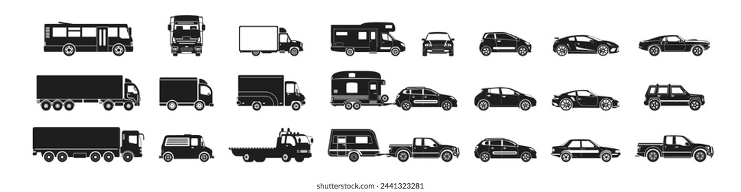 large set of vehicle silhouettes. Vector set illustration of simple deformed various types of car icons pictograms