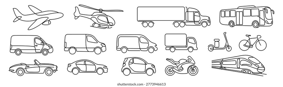 A large set of vehicles, designed in a solid line art style. A set of airplanes, trucks, buses, cars, etc. Delivery and travel icons. A modern, minimalist logistics concept. Editable outline.