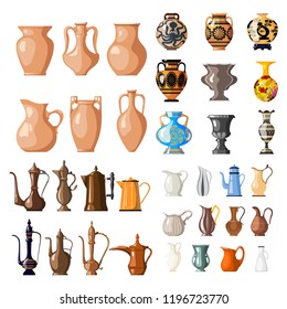 Large set of vessels for fluid. Amphoras, jugs, vases. Coffee maker. Earthen vessel Vector illustration of items on a white background