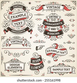 Large set of vintage vector ornaments and ribbons. The fonts are called "Arvo", "Bebas Neue", "Bitter" and "Cubano".