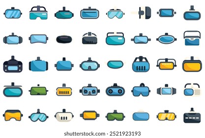 Large set of virtual reality glasses icons in different models and colors, showing the latest technology