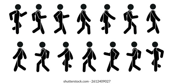  a large set of walking people in different poses, a pictogram of human figures, a stick man, a flat vector illustration