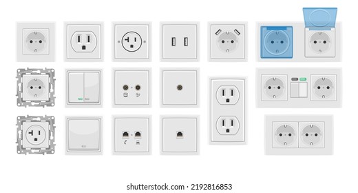 Large set of wall-mounted electrical socket and switches. Power Electrical Socket Various modern round switches vector realistic collection.