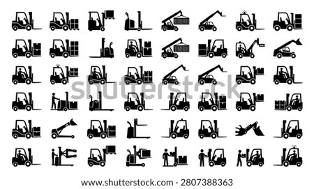 Large set of warehouse forklift and industrial vehicle icons including reach stackers, pallet jacks, and telehandlers moving boxes and containers in a flat silhouette style.