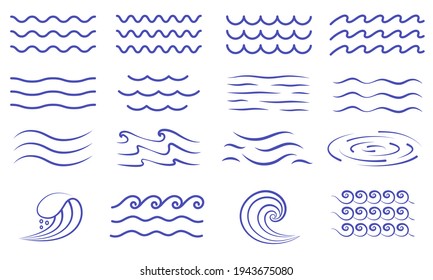 Large set of water icons showing waves and surf with patterns of undulating lines, whirlpool, and curling breaking waves, colored vector illustration