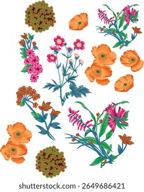 Large set. Watercolor illustration. Botanical collection of wild and garden plants. Set: leaves, flowers,
