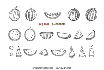 Large set of watermelon and watermelon slices in doodle style. Summer time. Great for menu design. Isolated on white background. Vector illustration EPS10.
