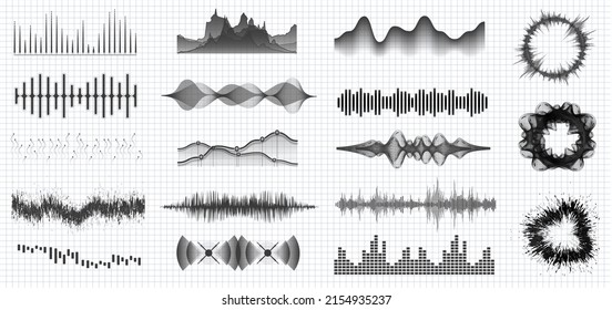 A large set of wave sound, signals on a white isolated background. Signs of the sound equalizer, pulse music player. Vector illustration