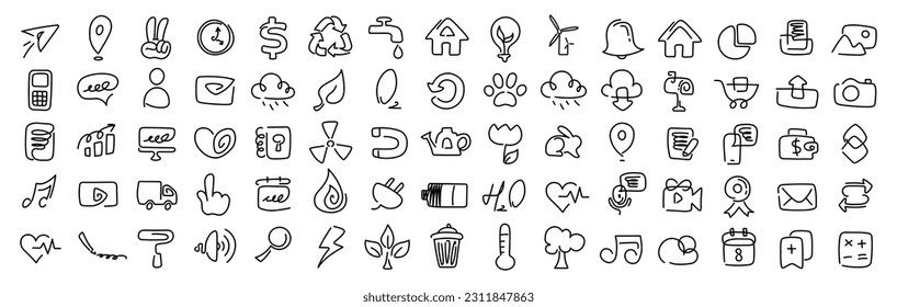 Large set of web icons for social networks and applications. Cartoon
linear signs SEO and promotion, user interface, ecology. Vector doodles isolated on white background.