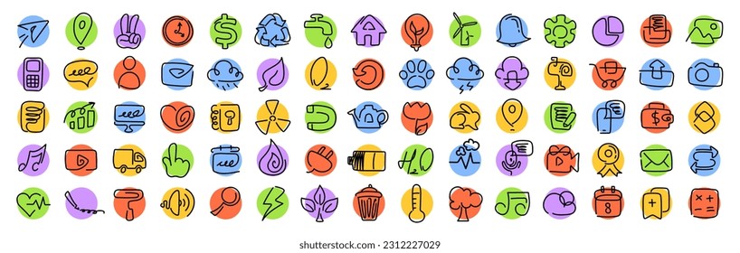 Large set of web icons for social networks and applications. Cartoon signs SEO and promotion, user interface, ecology in colorful circles. Vector doodle isolated on white background.