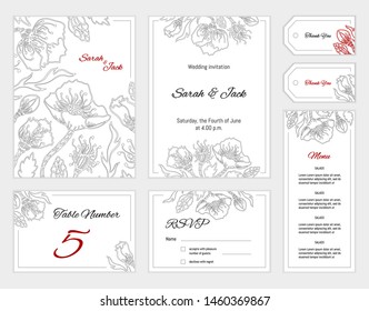 Large set of wedding invitation card, save the date, thank you card, rsvp card with floral pattern. Template greeting card