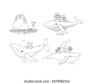 A large set with whales. Marine theme. The biggest fish. Hand drawing isolated objects on white background. Vector illustration. 