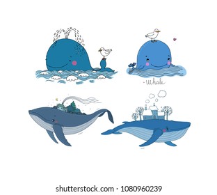 A large set with whales. Marine theme. The biggest fish. Hand drawing isolated objects on white background. Vector illustration. 