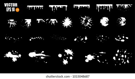 
A large set of white drops of paint, white smears, stains, blots, brushes, lines, rough. White brush strokes of paint, elements of artistic design. Vector illustration. Isolated on black background.
