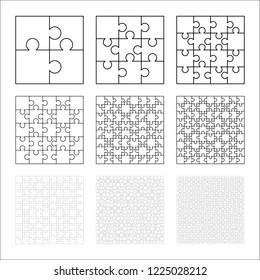 Large set of white puzzles pieces in square shape. Jigsaw Puzzle template ready for print. Cutting guidelines isolated on white