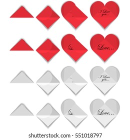 Large set of white and red heart. Valentine card with inscriptions, origami. isolation on a white background. vector illustration