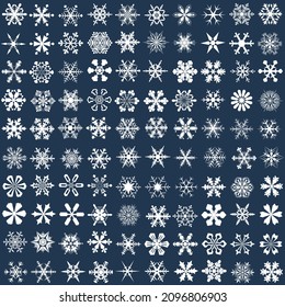 Large set of white snowflakes on a blue background. One hundred copyright hexagonal snowflakes