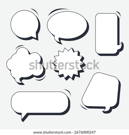 A large set of white speech bubbles with black volumetric shadow in various shapes and sizes. Suitable for comic design, illustrations, and other creative uses