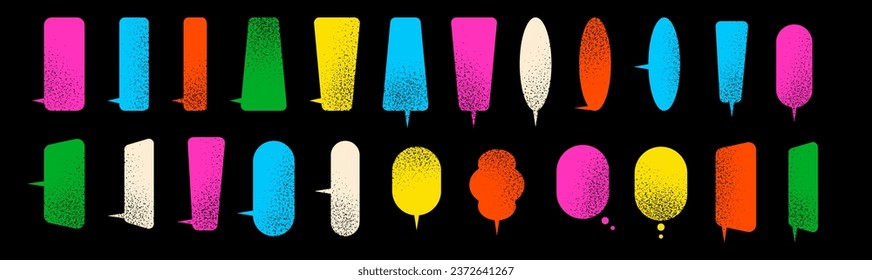 Large set of white vertical speech baubles. Coloured shapes on black background. Long speech bubble. 