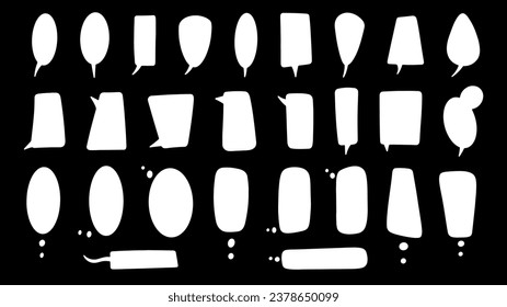 Large set of white vertical speech baubles. White shapes on black background. Thoughts, chat, speech, speak. 