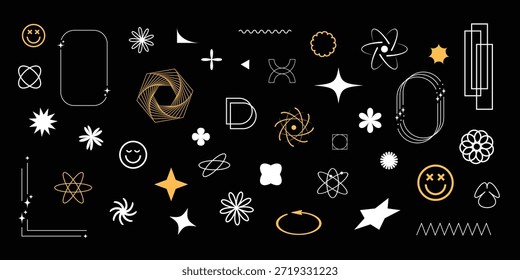 Grande conjunto de símbolos abstractos blancos y amarillos y Elementos gráficos futuristas sobre un fondo negro. Formas digitales retro estilo Y2K para el diseño creativo.