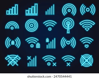large set of wifi signal, connection, cell phone sigal, blue neon glow 
