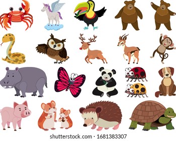 Large set of wild animals on white background illustration