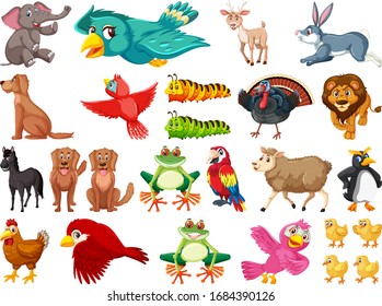Large set of wild animals on white background illustration