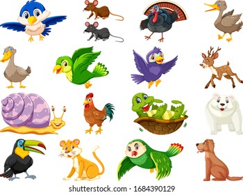 Large set of wild animals on white background illustration