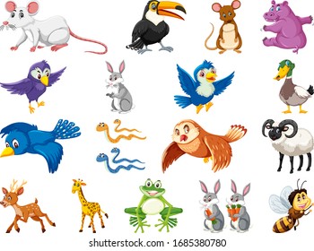 Large set of wild animals on white background illustration