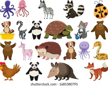 Large set of wild animals on white background illustration