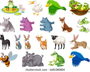 Large set of wild animals on white background illustration