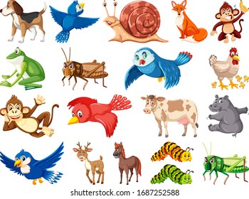 Large set of wild animals on white background illustration