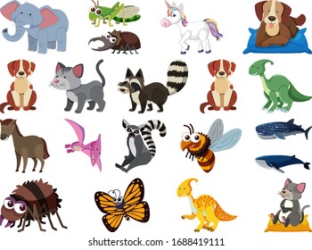Large set of wild animals on white background illustration