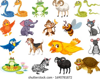 Large set of wild animals on white background illustration